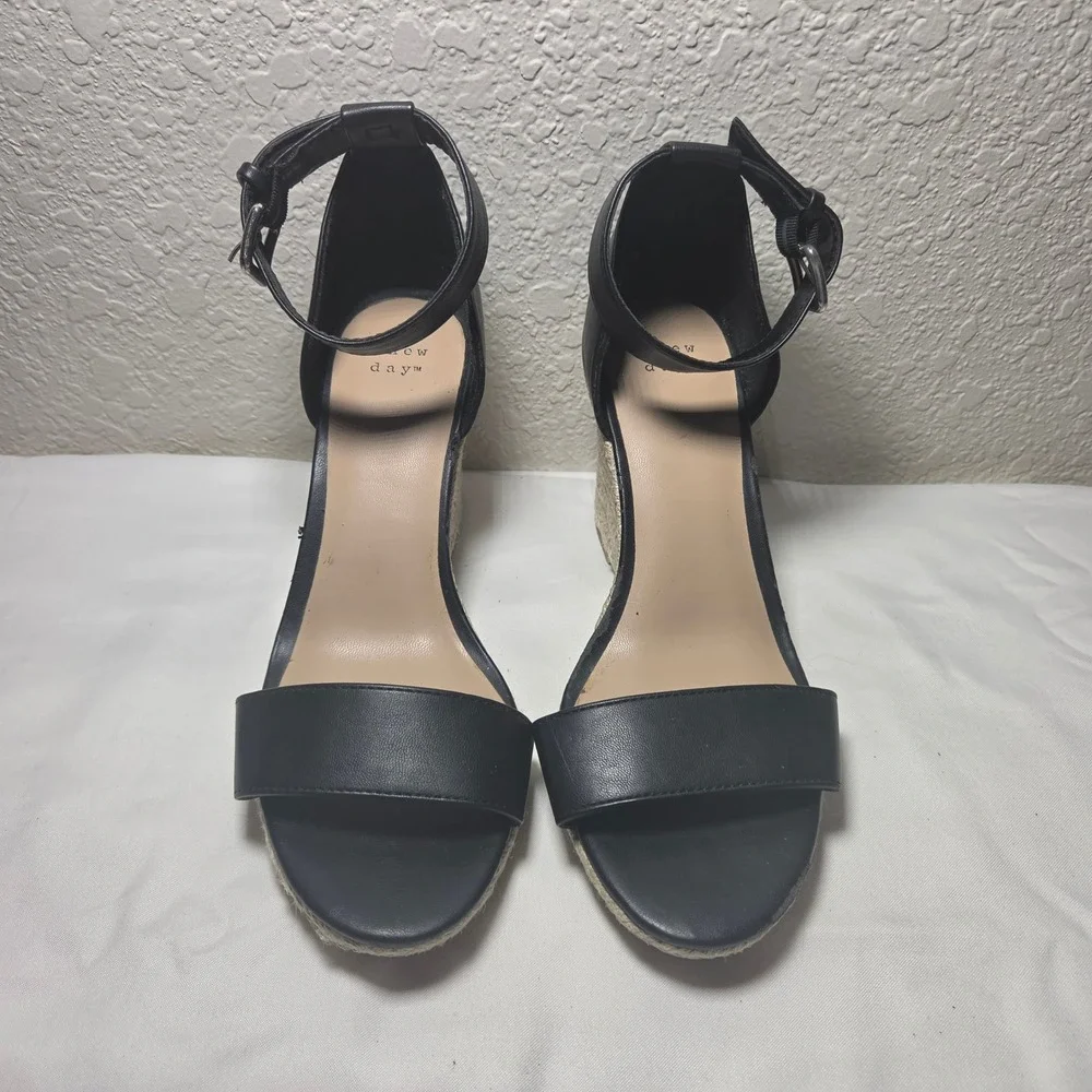 A New Day Black Espadrille Wedge Sandals Ankle Strap Jute Heel Women 8.5